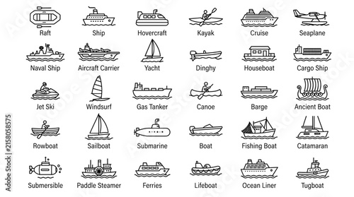 Watercraft boat and maritime transportation line vector icon set featuring ship sailboat submarine kayak cargo ship cruise symbols