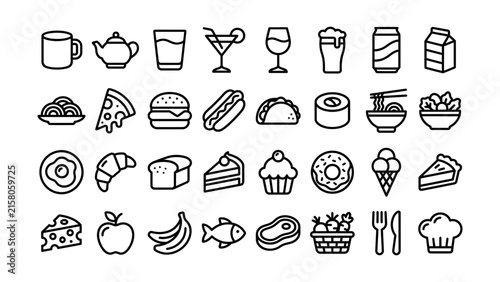 Set of black line icons featuring various drinks and food items