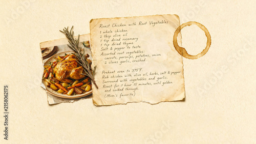 Bild auf Leinwand Handwritten recipe for roasted chicken with vegetables