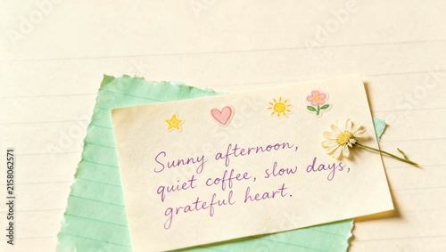 Soft sunlight bathes a handwritten note. Cute stickers add charm to the message. Words whisper calm, gratitude, and peace. White flower rests beside the note. Green paper cradles the message beneath