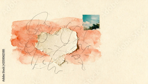Watercolor heart painted with soft coral hues. Handwritten script flows around the torn center. Tiny photo of sky and trees sits atop the design. Vintage paper texture frames the entire composition