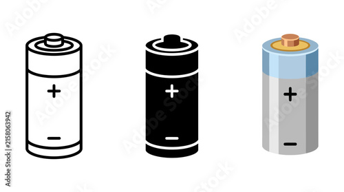 Battery Icon Set with Lightning Bolt Symbol in Outline, Black, and Color Styles