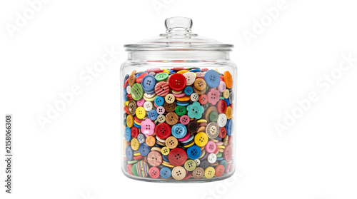 Clear glass jar filled with assorted colorful sewing buttons