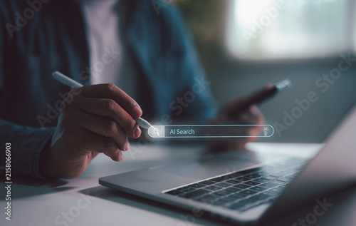 Business productivity, advanced search Innovation. AI Search Technology for Intelligent Mobile Information Retrieval, AI assistants represent smart technology, artificial intelligence innovation.