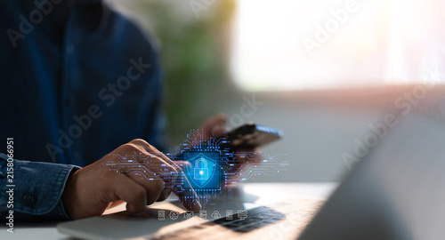 Businessman protecting with Padlock and internet technology data personal information, security encryption, cybersecurity, secure Internet access. Cyber security internet network data privacy concepts