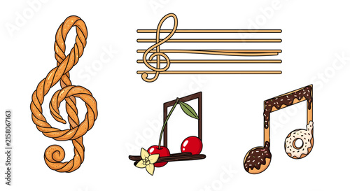 Musical symbols formed from rope and sweet food.