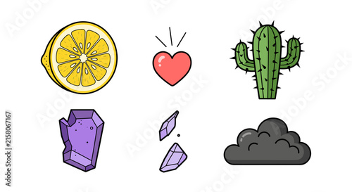 Nature and magic icons with lemon cactus and crystal