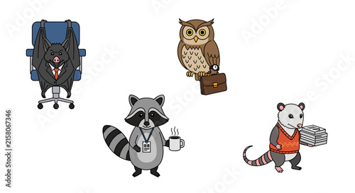 Raccoon, bat, and owl working in office environment.