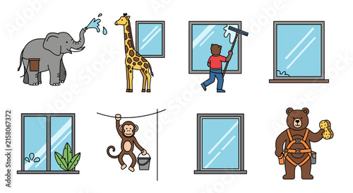Professional window cleaning animals working on building glass.