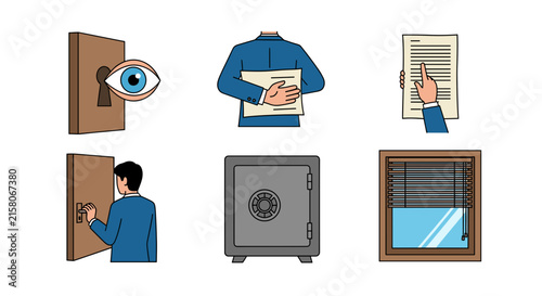 Security and privacy icons featuring safe, door, and keyhole.