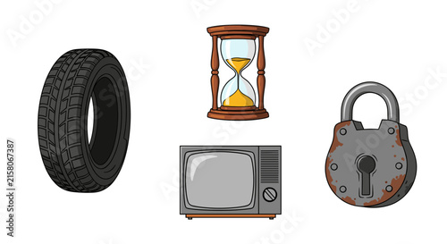 Set of tire, hourglass, vintage television, and padlock icons.