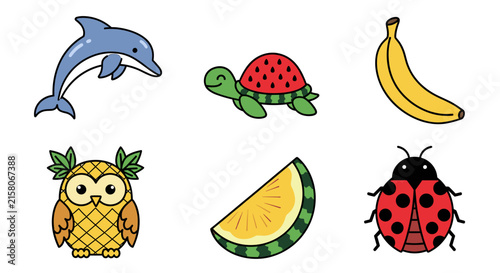 Set of stylized animal and tropical fruit icons.