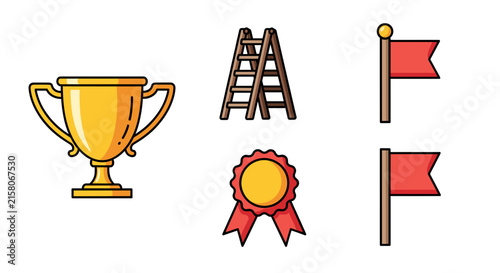 Trophy, ladder, medal, and red flags flat icon set.