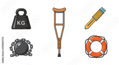 Weight ball chain crutch flashlight and lifebuoy icons