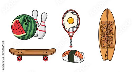 Whimsical sports equipment designed as various food items.