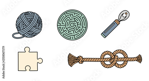 Yarn maze puzzle spoon and knotted rope icons