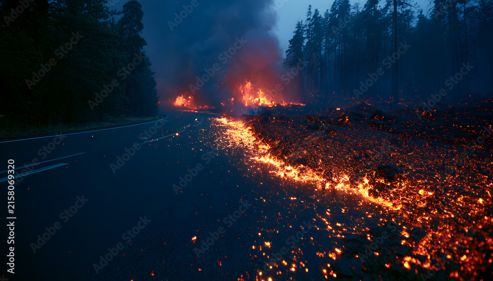 Naklejka premium Volcanic eruption at night near dark asphalt road. Hot lava flows, bright fire sparks cover highway surface. Dangerous natural disaster destroys pavement. Glowing magma smoke rises above forest