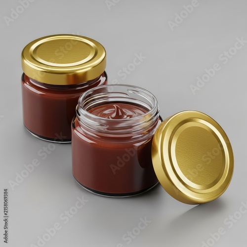Three small clear glass containers containing smooth dark chocolate cream, sealed with reflective gold metal caps on a neutral surface, still life, chocolate, delicious
