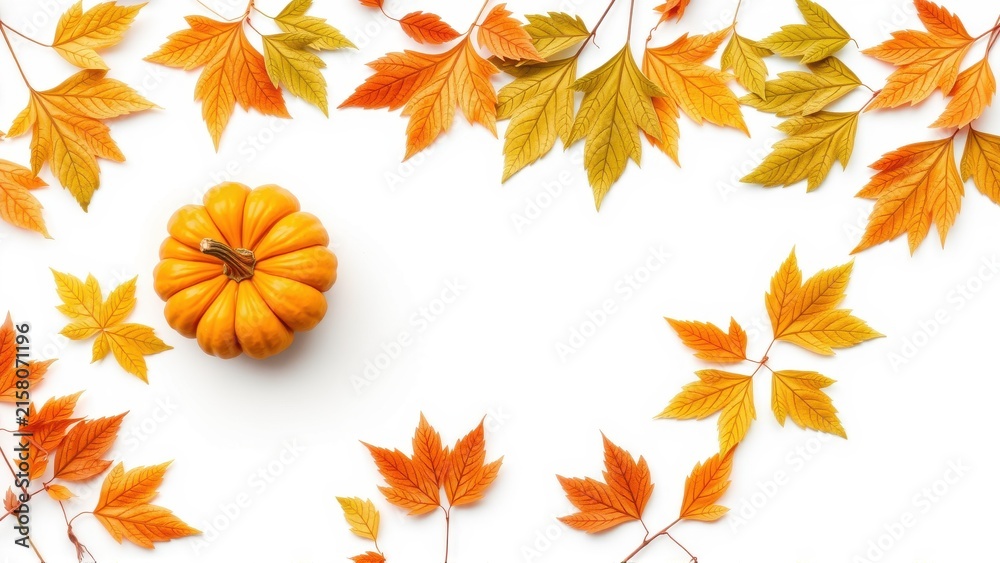 Fototapeta premium Autumn composition. Orange pumpkin surrounded by colorful maple leaves. White background creates seasonal festive mood. Simple, elegant design.