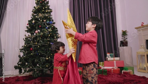 Two young brothers excitedly decorate a Christmas tree with a star topper.