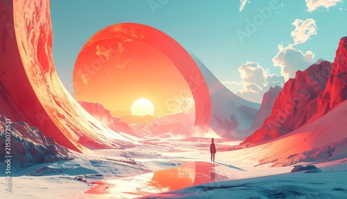 Surreal Alien Landscape with Giant Ringed Sun and Lone Figure.