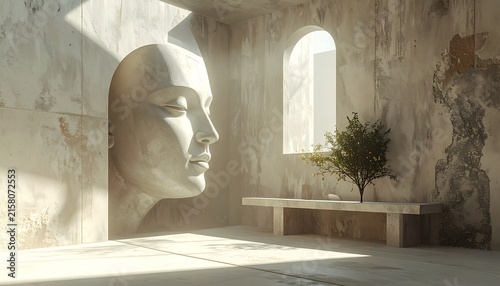 Surreal ancient sculpture of a womans face emerging from a wall in a sunlit ruin.
