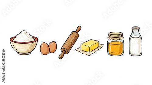 Baking supplies illustration with flour eggs rolling pin butter milk