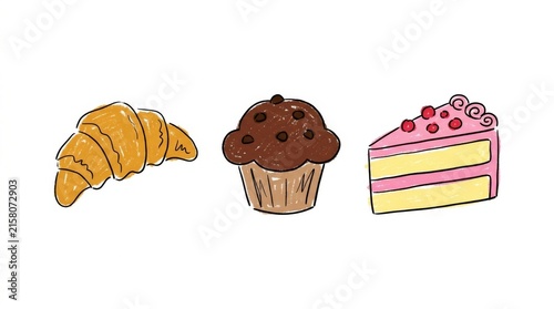 Hand drawn bakery items croissant muffin and cake slice illustration