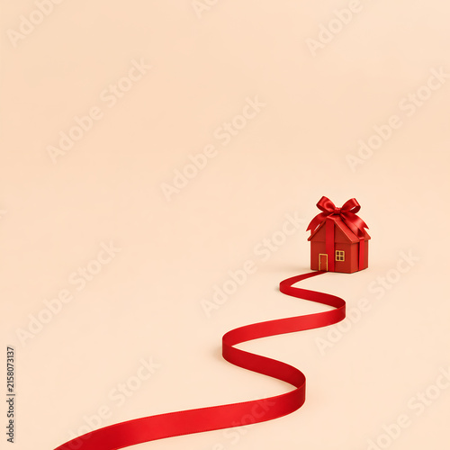 House-Shaped Gift Box with Red Ribbon Path on Pastel Peach Background - Minimalist Real Estate Concept