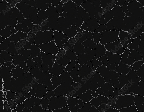 Black crackled surface pattern background with fine white fractured lines, monochrome fractured ground line pattern