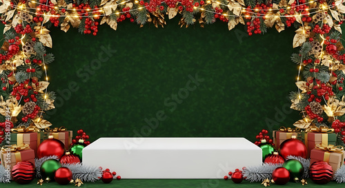 Christmas product display podium with festive ornaments and green background
