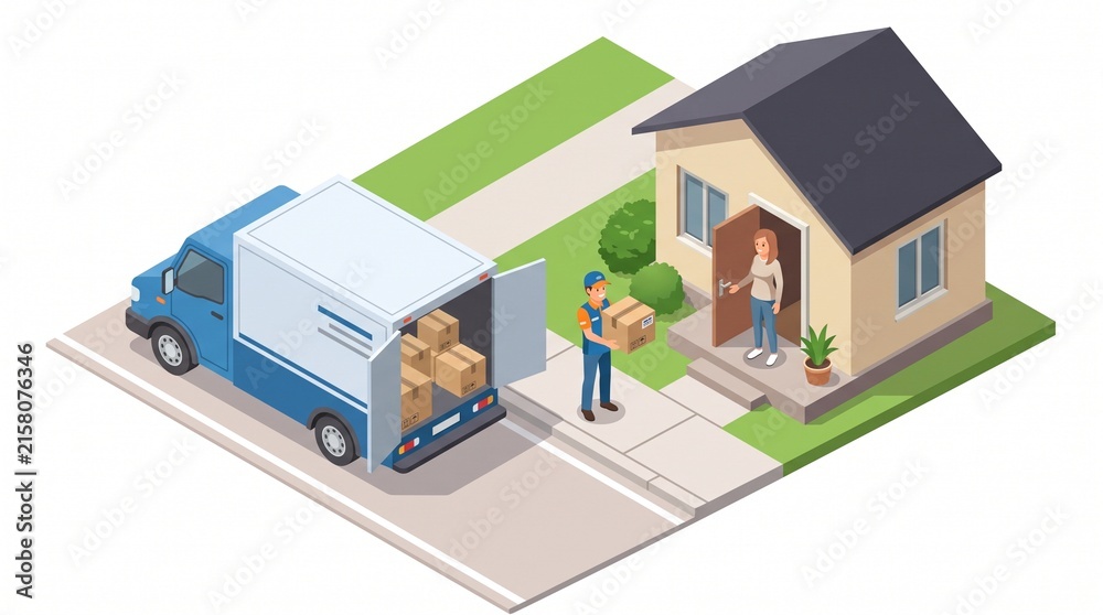 Fototapeta premium Delivery van unloads cardboard boxes as a courier hands a package to a woman outside her suburban home.