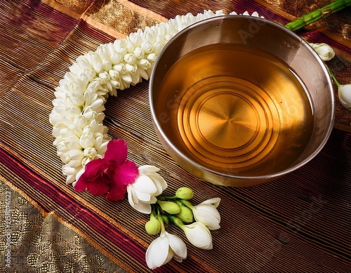 a songkran morning ritual water and jasmine garlands laid out on a traditional thai cloth
