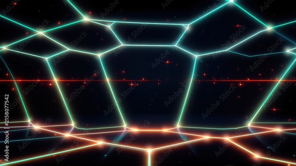 Fototapeta premium Futuristic neon grid. Lines intersect, creating abstract geometric shapes. Red glow emanates from base, blue above. Dark background enhances visual impact.