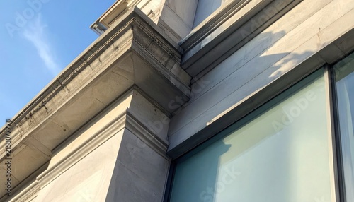 Architectural detail of neoclassical building corner against blue sky.