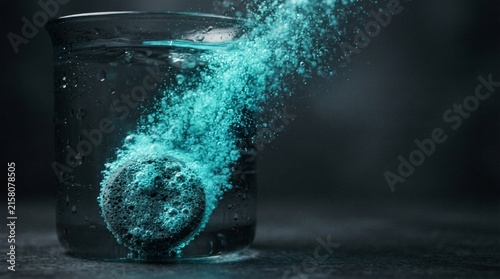 Effervescent tablet dissolving in a glass of water creating a dynamic stream of bright turquoise bubbles