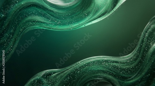 Green liquid wave abstract background with glowing bubbles and smooth fluid motion for modern design