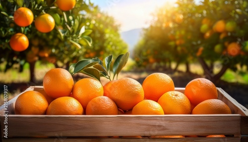 fresh oranges in wooden crate orange grove