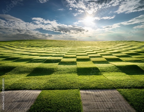 mowed grass field in checkered pattern sunny landscape