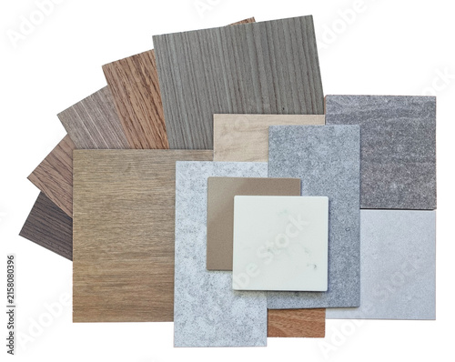 Interior design material swatches collage isolated on white background featuring natural wood veneer laminate wood grain and marble stone granite quartz floor wall tile samples palette.