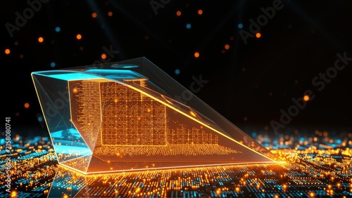 Abstract digital structure glows brightly. Complex data streams form building shape against dark background. Futuristic concept.