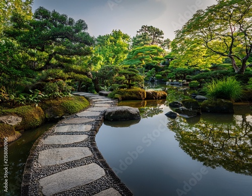serene stone path winding through a tranquil garden pond