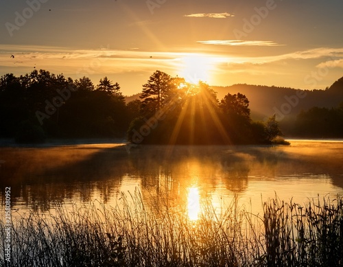 serene sunrise over a tranquil lake