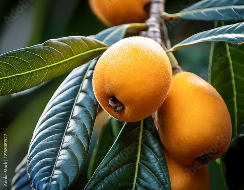 vibrant loquat fruits on tree branch with green leaves