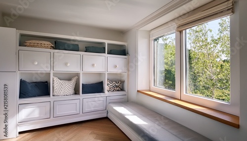 white built in storage unit with a window seat