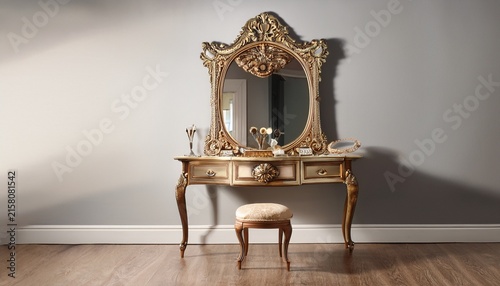 vintage vanity table with ornate mirror and stool