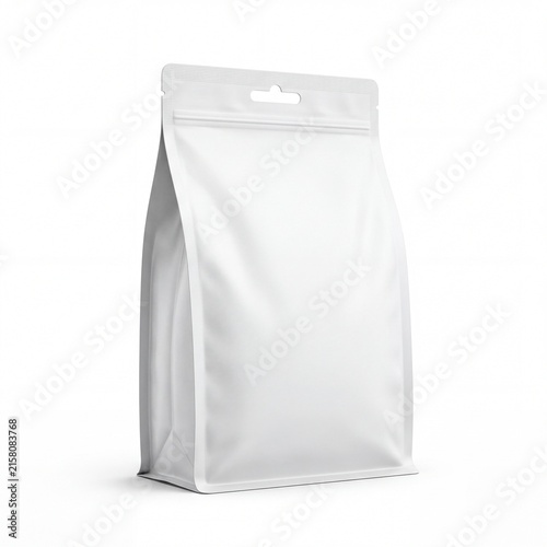 Blank white stand up pouch mockup, realistic plastic food packaging bag with zipper, isolated doy pack for product branding