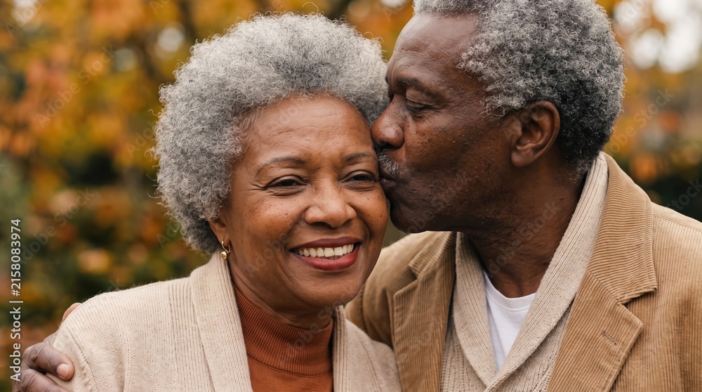 Fototapeta premium Elderly Black man kisses his wife on the cheek during an autumn day outdoors 6 October Grandparent's Day
