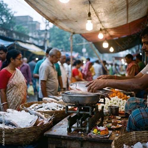 Indian fish market scene with vendor holding a large freshwater fish and customers