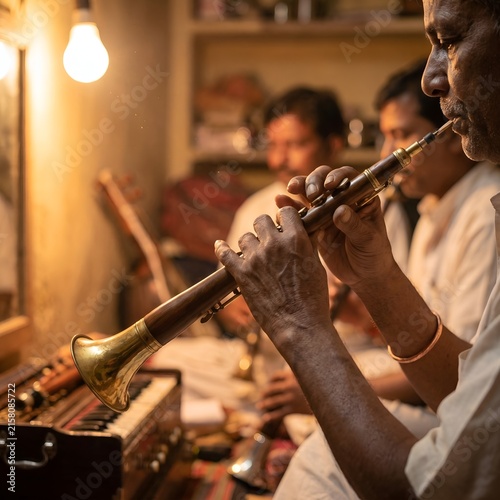 Indian musician playing a shehnai with fellow performers in a warm indoor setting